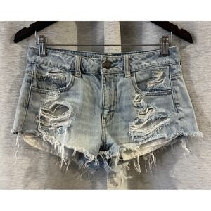 American Eagle Outfitters Light Blue Distressed High Waist Denim Shorts